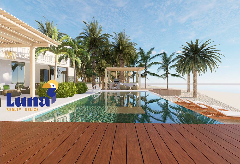 Beachfront poolside view with palm trees.