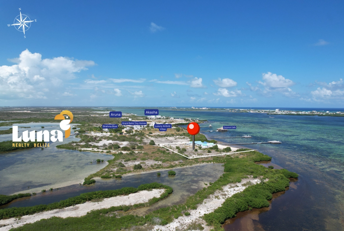 Aerial view of coastal landscape with labels.
