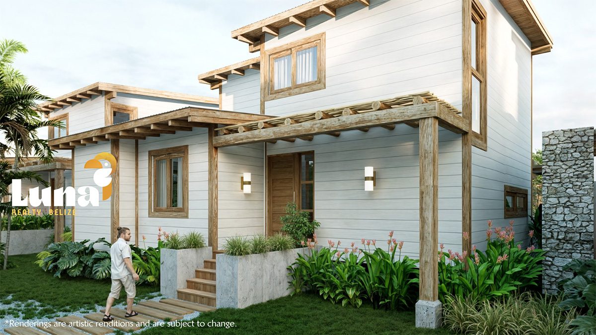 Modern house with wooden accents and garden.