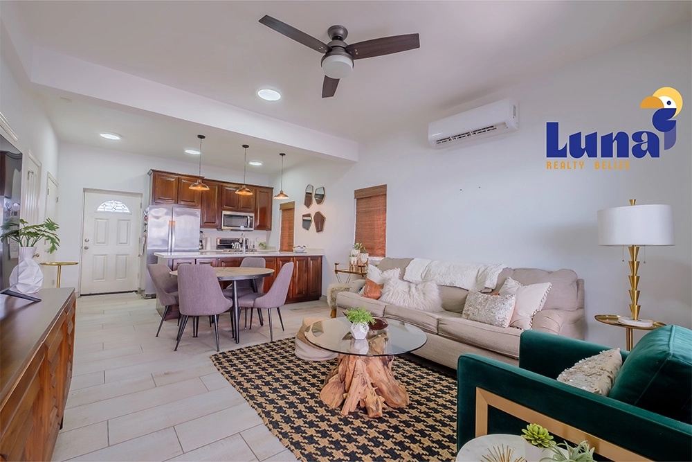 Modern living room with kitchen and dining area.