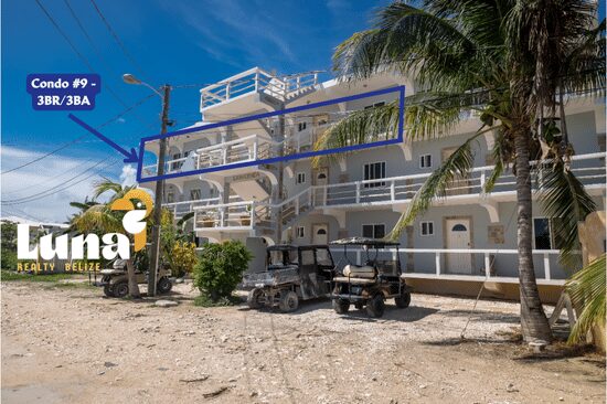 Beachfront condo building with palm trees.