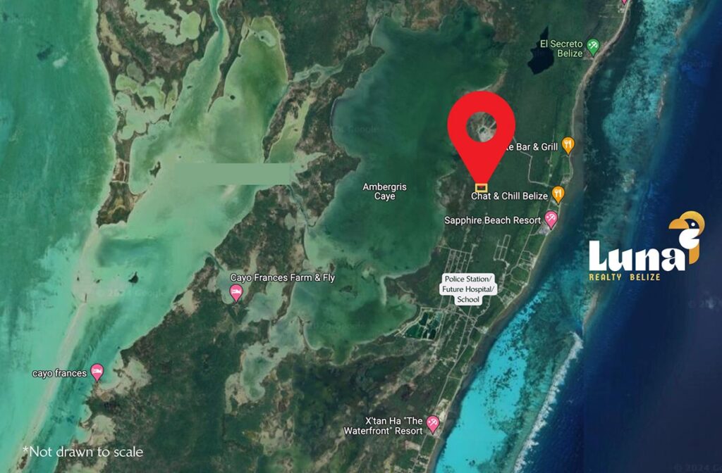 Map of Ambergris Caye, Belize with markers.