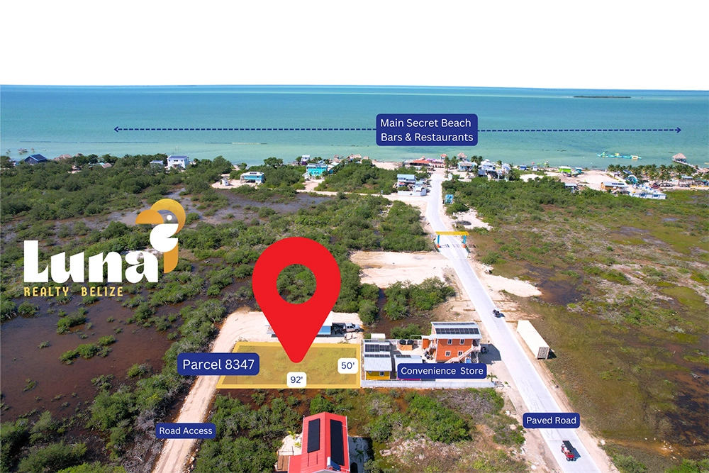 Aerial view of beachfront property location.