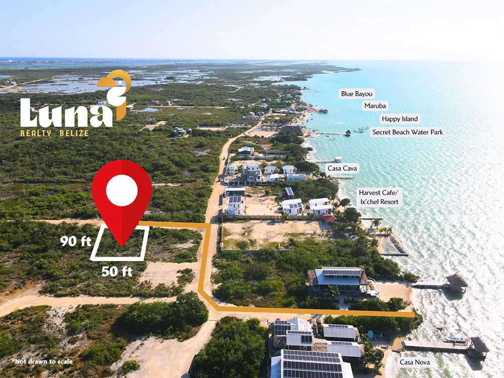 Aerial view of beachfront property in Belize.