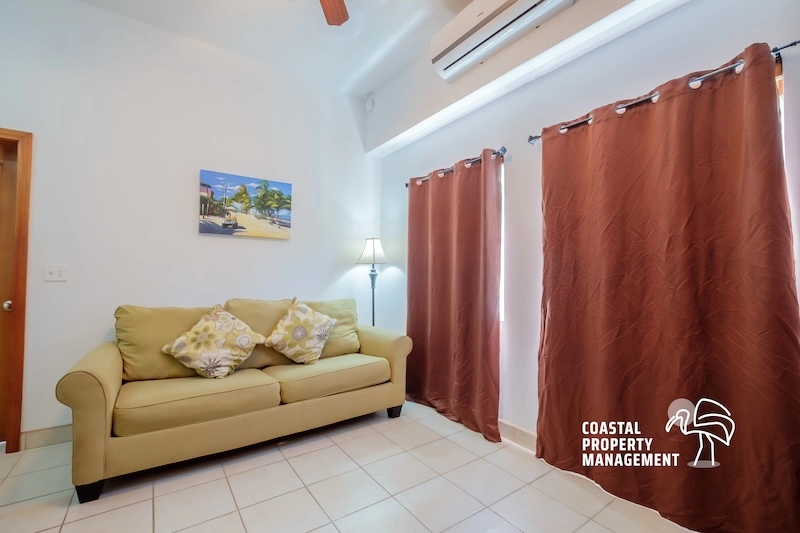 Living room with sofa and brown curtains.