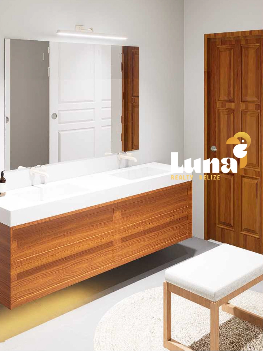 Modern bathroom with wooden vanity and mirror.