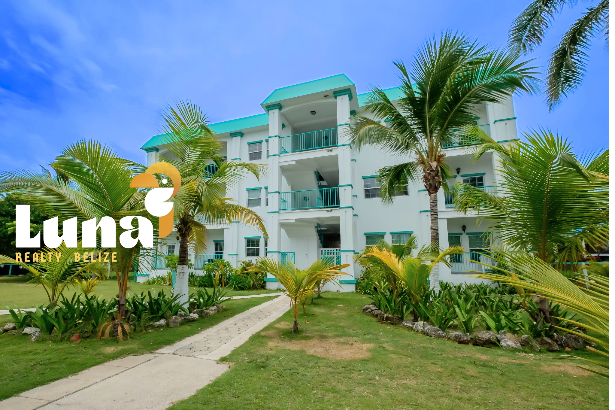 Tropical building with palm trees and logo.