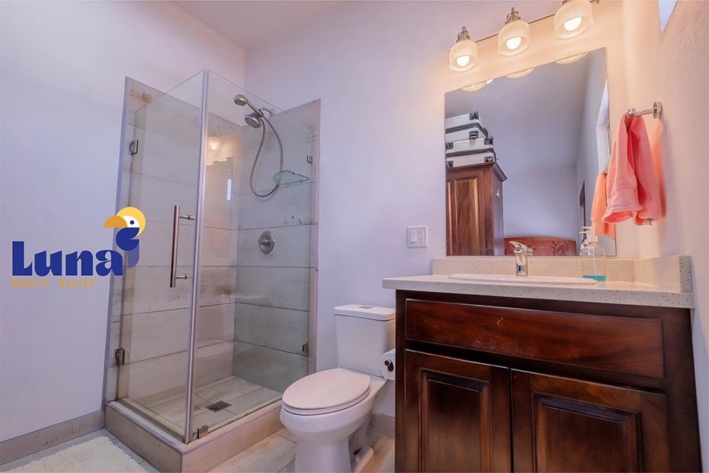 Modern bathroom with glass shower and vanity.