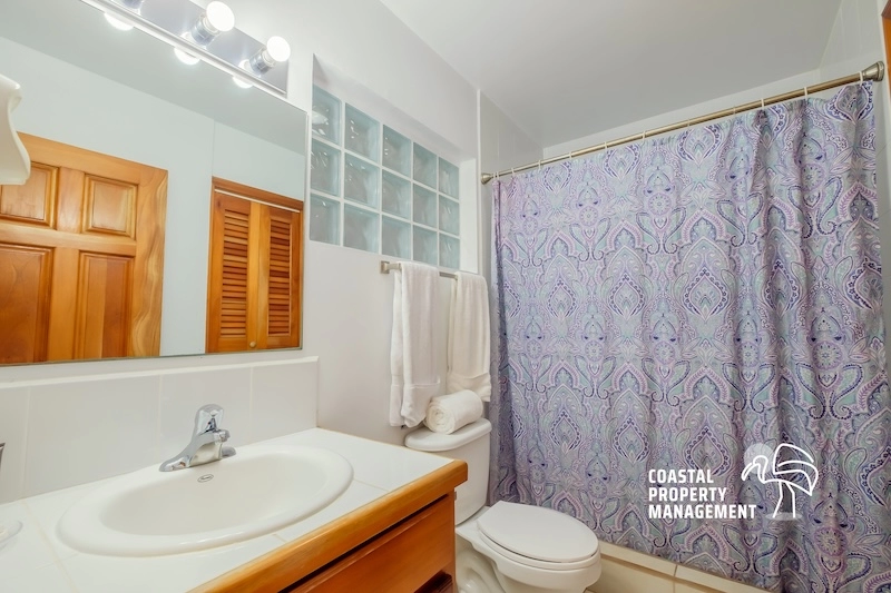 Bathroom with shower curtain and wooden cabinet.