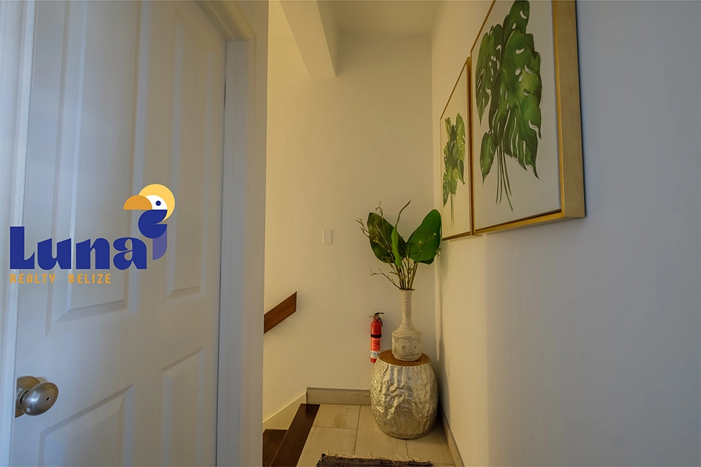 Hallway with potted plant and framed artwork.