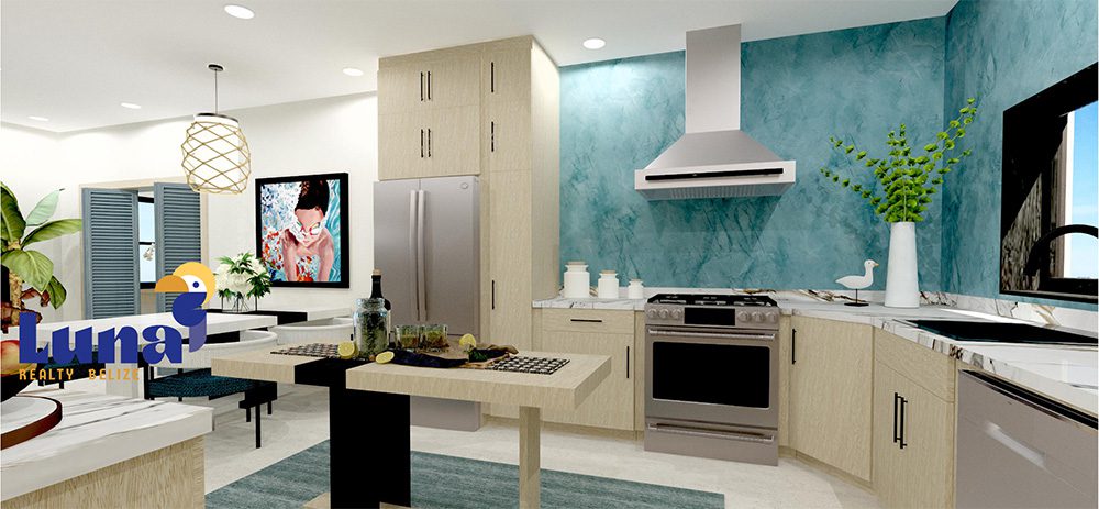 Modern kitchen with teal accent wall.