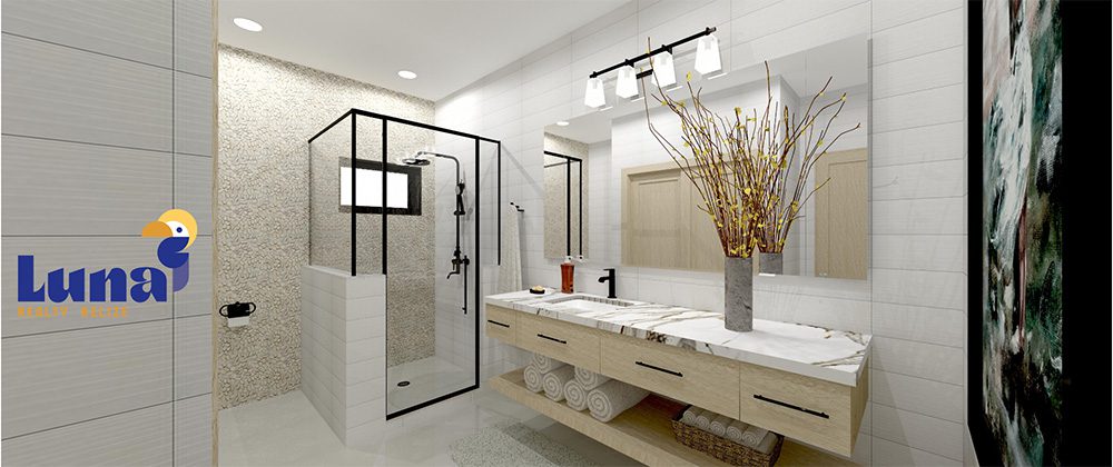 Modern bathroom with shower and vanity.