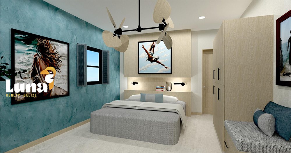 Modern bedroom with blue accent wall.