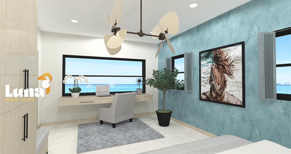 Modern bedroom with ocean view and artwork.