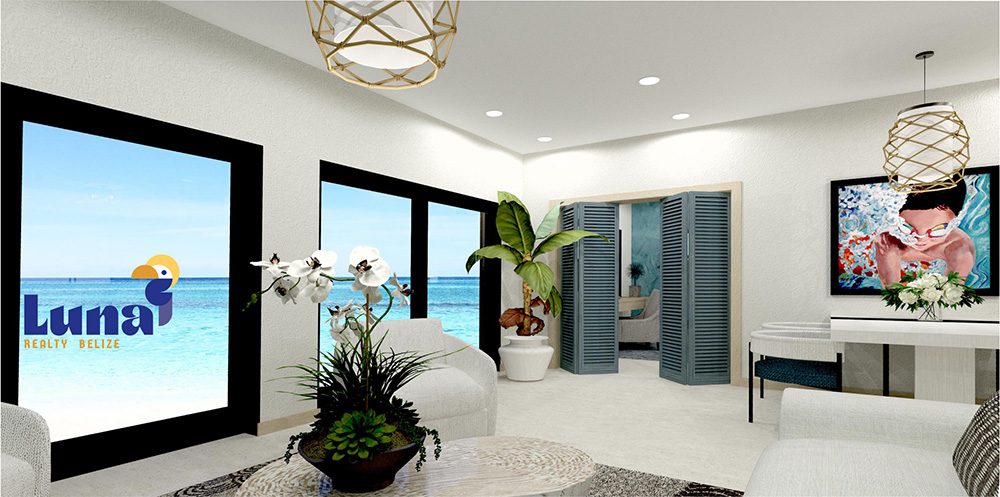 Coastal living room with ocean view windows.