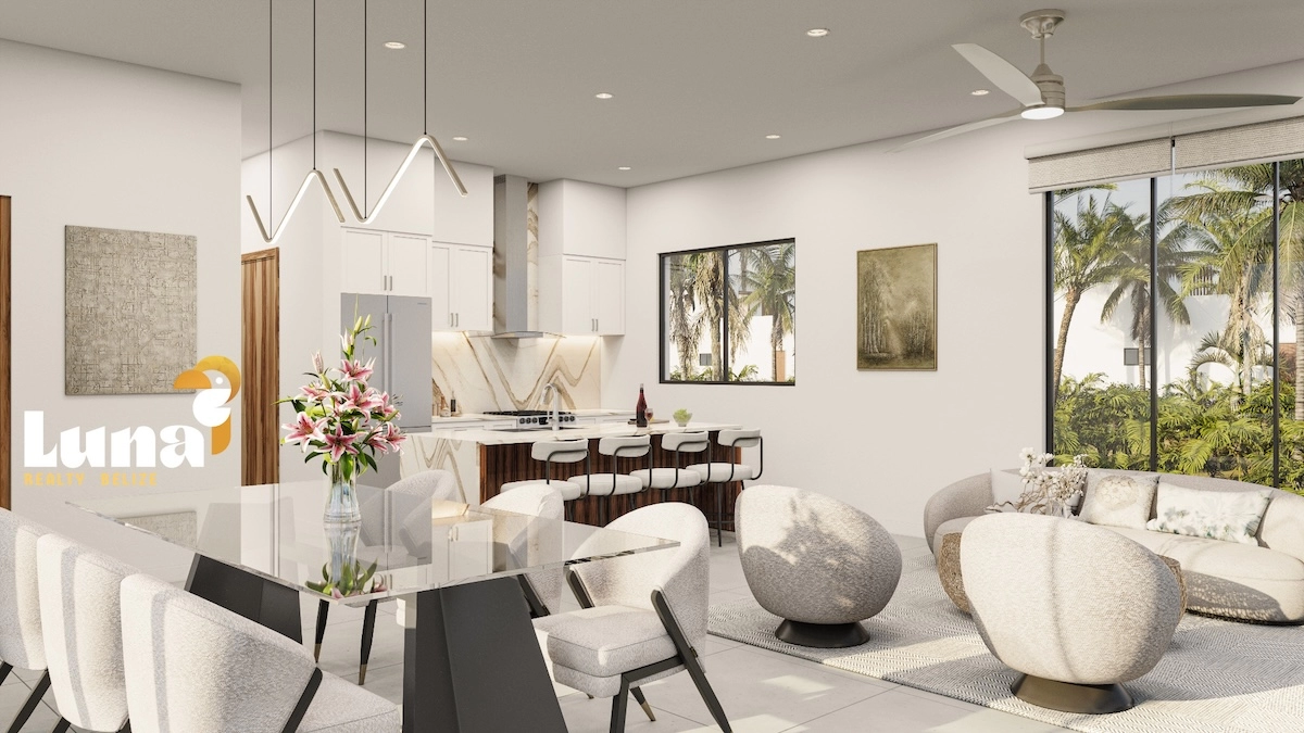 Modern open-concept living and dining area.