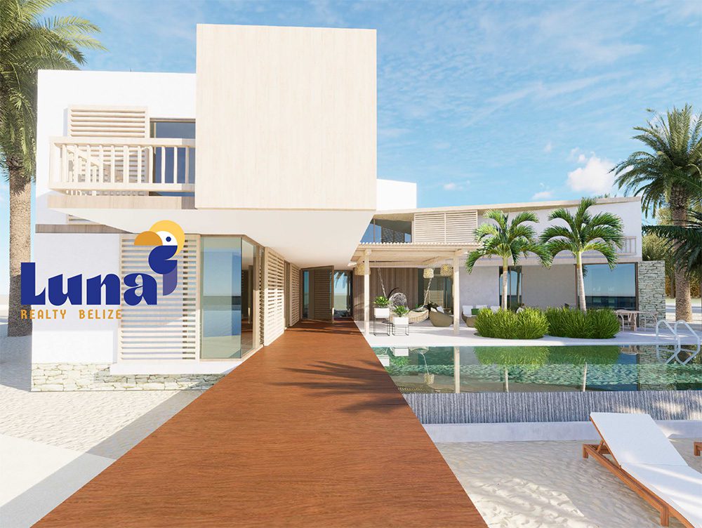 Modern beachfront villa with pool and palm trees.