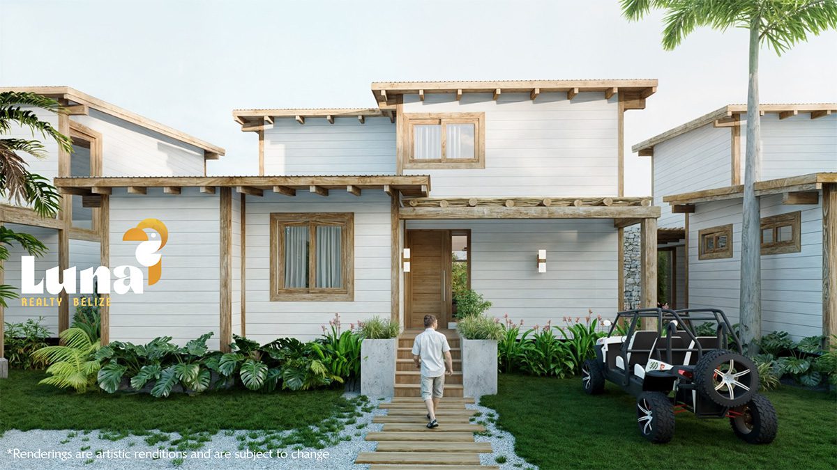 Modern tropical home with garden and vehicle.