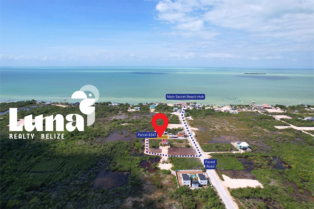 Aerial view of beachfront property in Belize.
