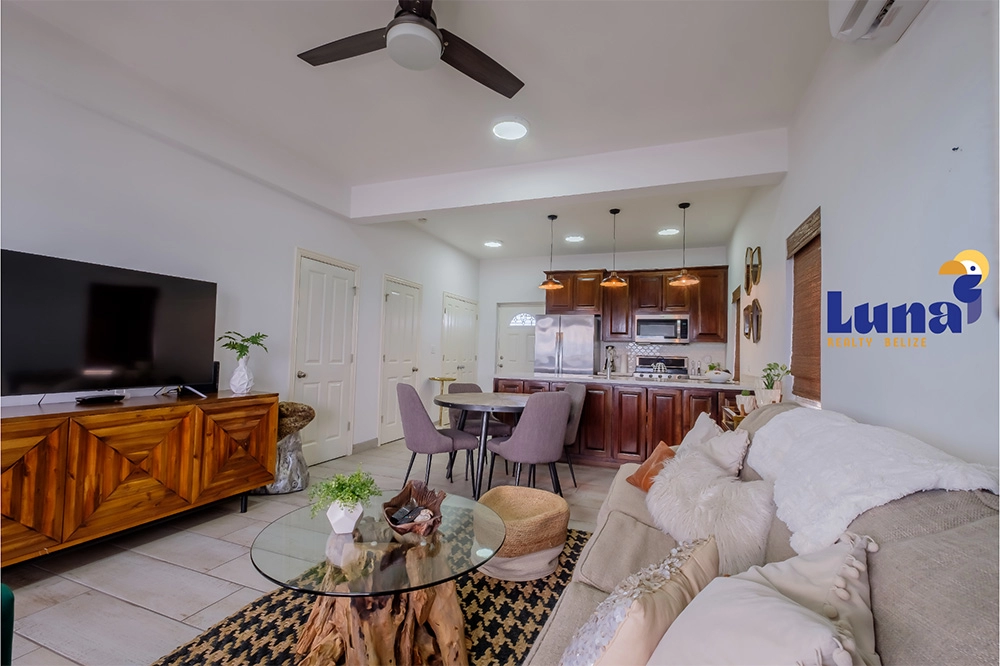 Modern living room with kitchen in background.