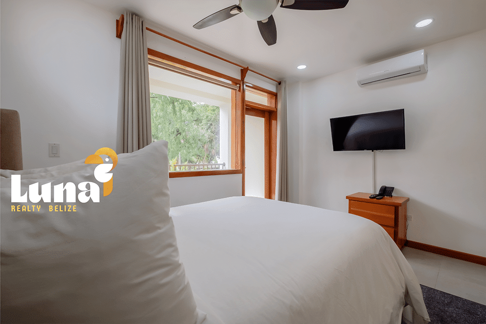 Bedroom with TV and window view.