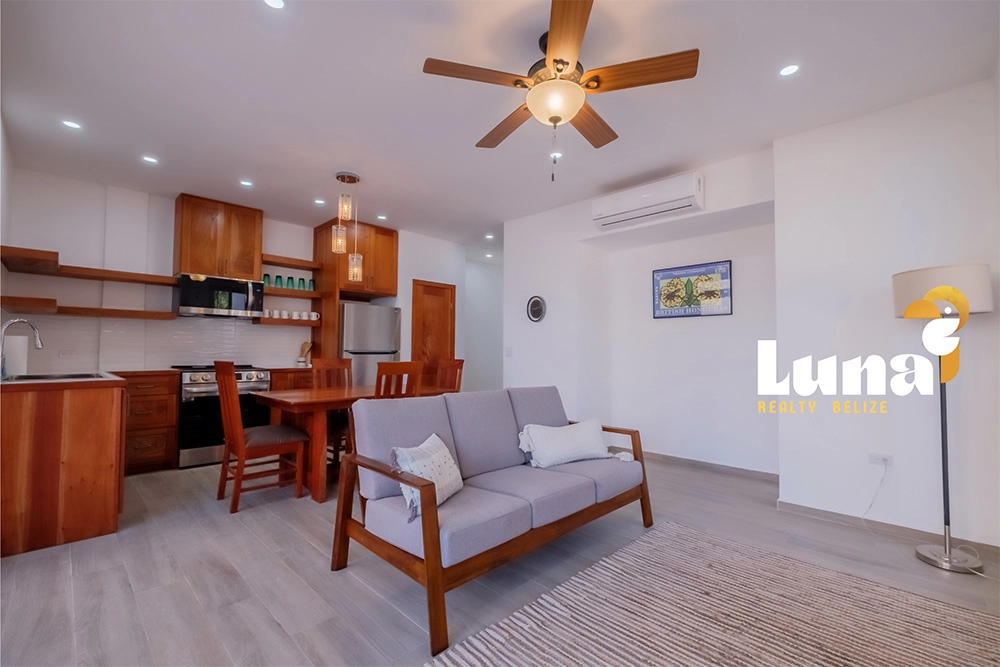 Modern living room with kitchen and ceiling fan.
