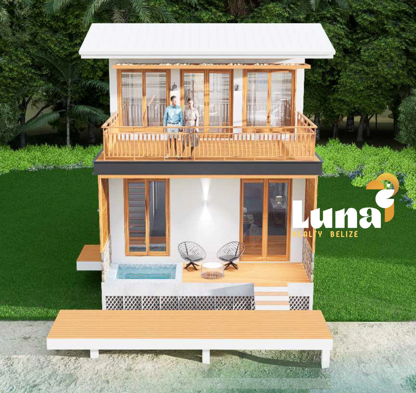 Modern two-story house with balcony and patio.
