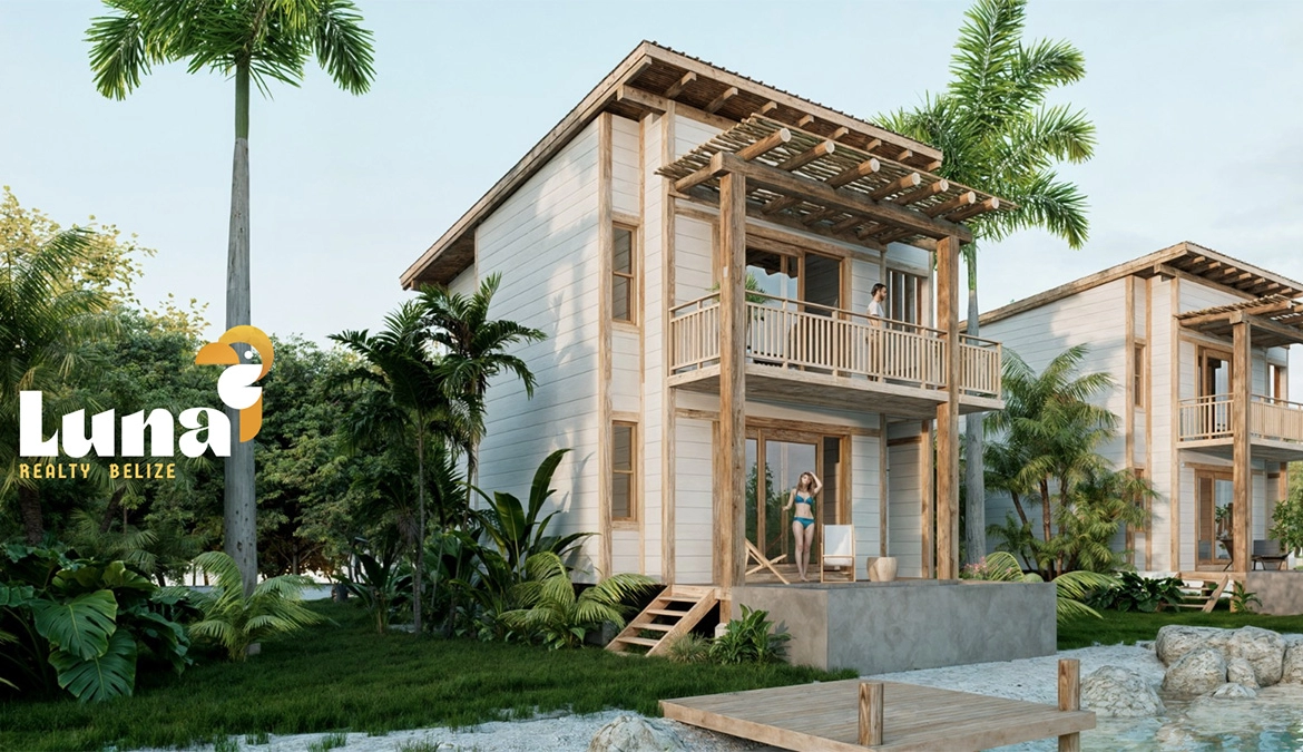 Wooden house with balcony and palm trees.