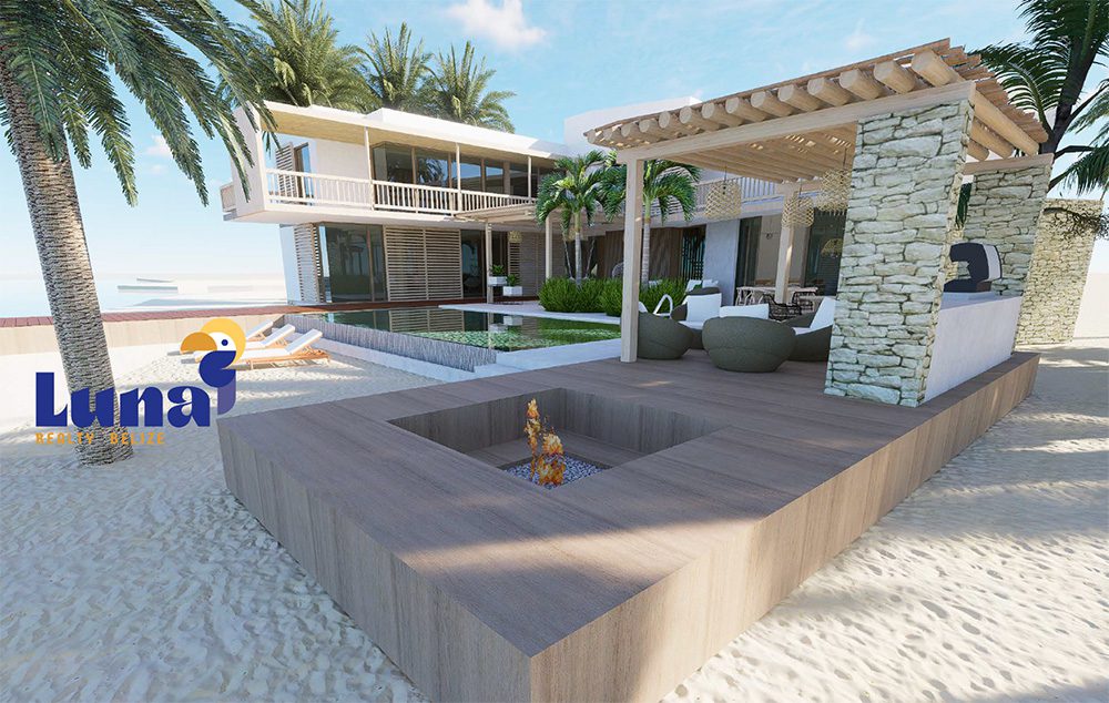Beachfront villa with pool and outdoor lounge.
