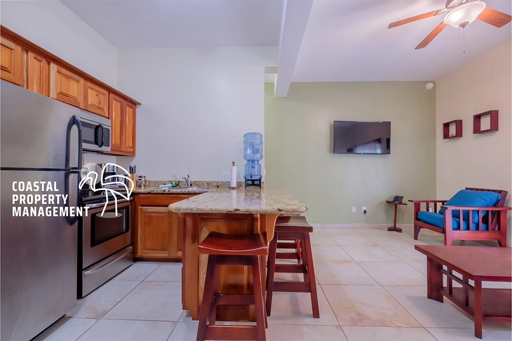 Kitchen and living area with modern furnishings.
