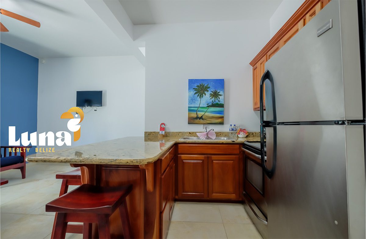 Modern kitchen with wooden cabinets and artwork.