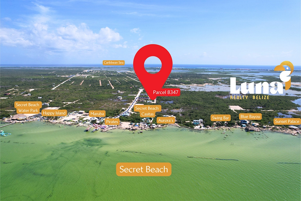 Aerial view of Secret Beach, Belize map.