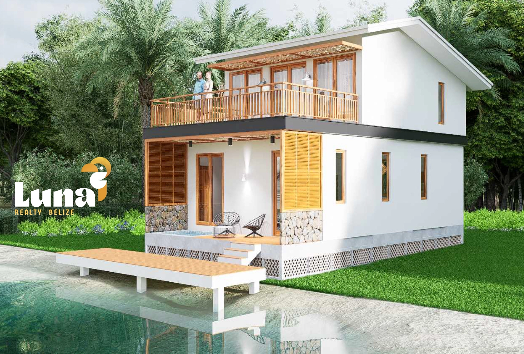 Modern waterfront house with balcony and dock.