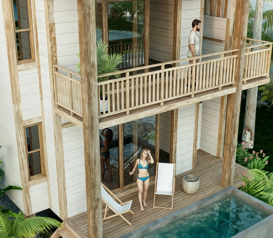Two-story wooden house with poolside view.