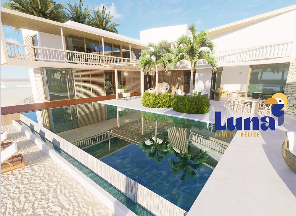 Modern beachfront villa with pool and palm trees.