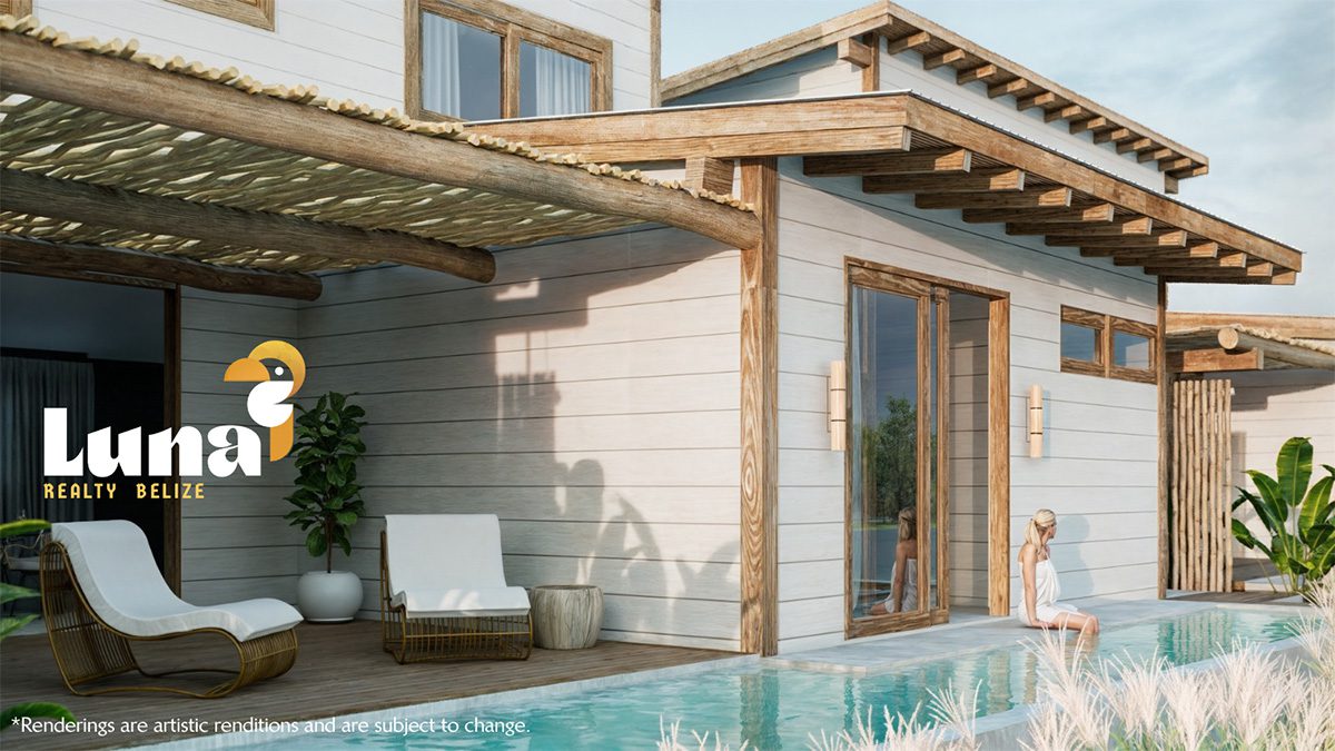 Modern beach house with pool and lounge chairs.