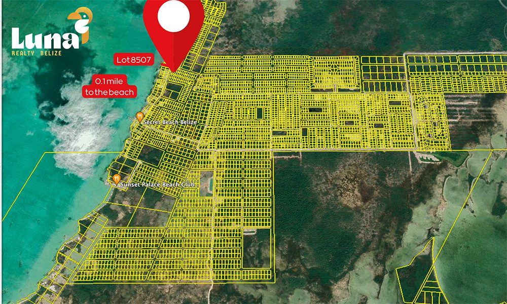 Map highlighting Lot 8507 near beach.