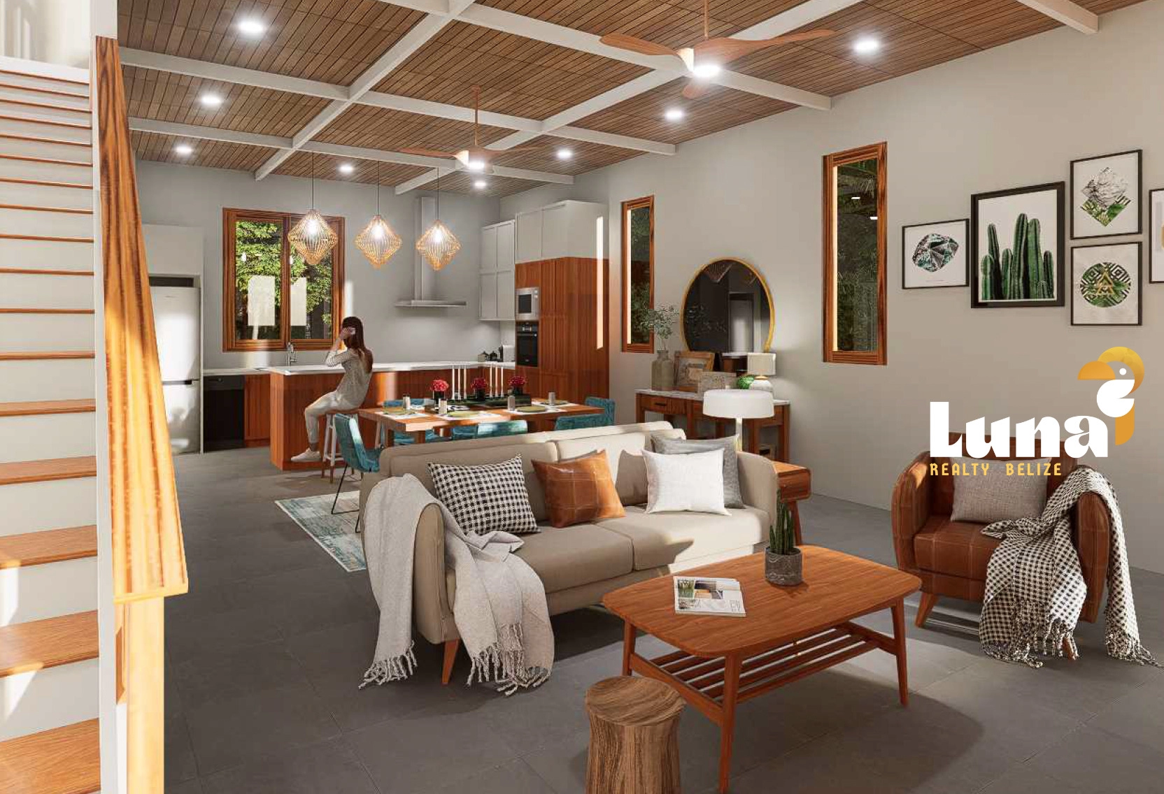 Modern open-plan living room and kitchen.