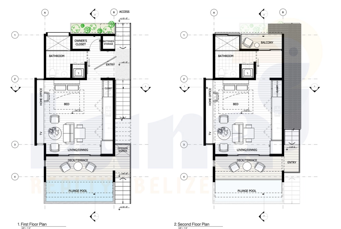 Two-story house floor plans with pool.