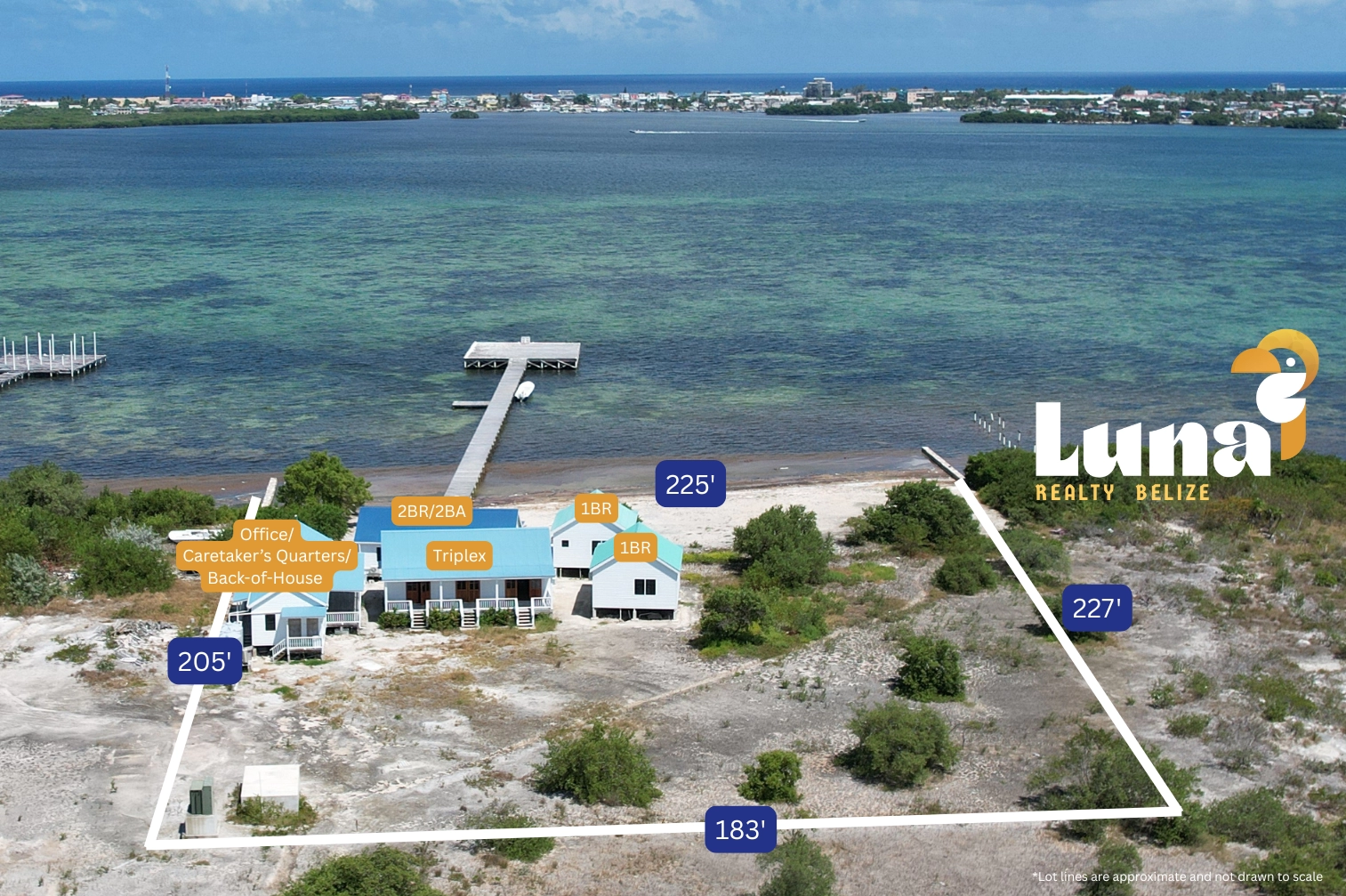 Aerial view of beachfront property with labels.