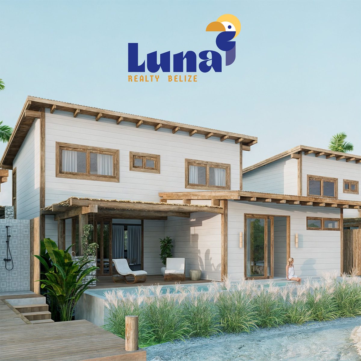 Modern beach house with wooden accents.