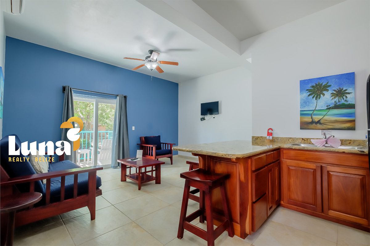 Modern living room with kitchen and island.