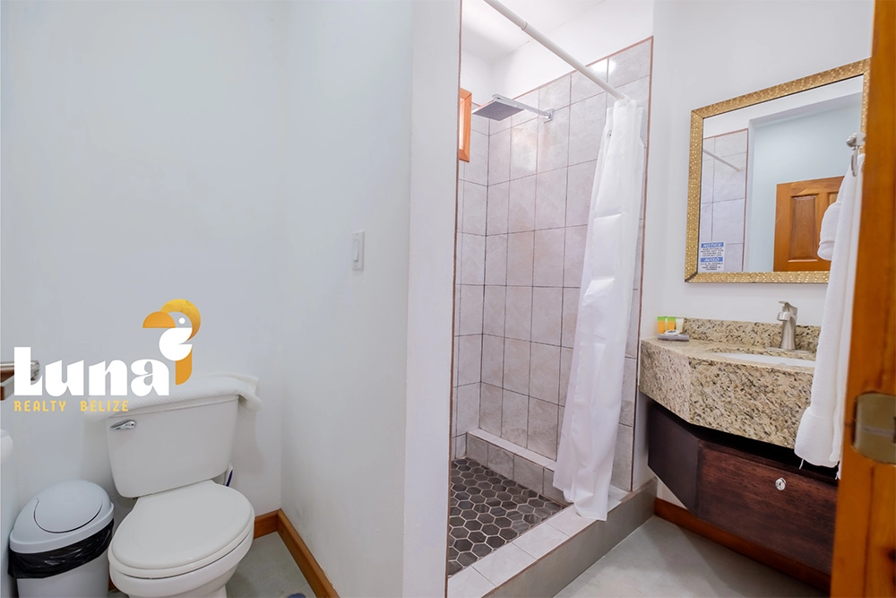 Bathroom with shower, toilet, and sink.