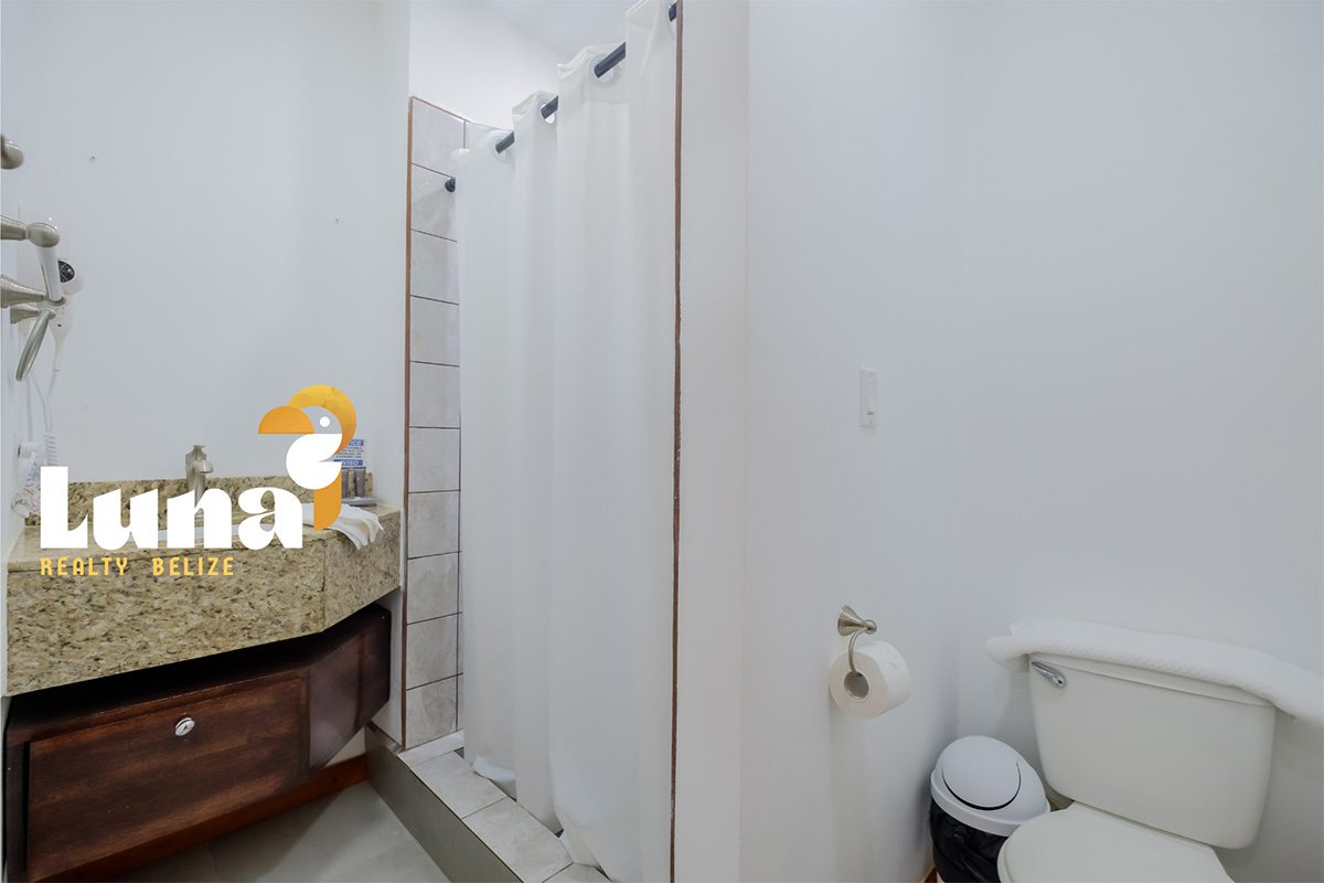 Bathroom with shower, toilet, and sink.