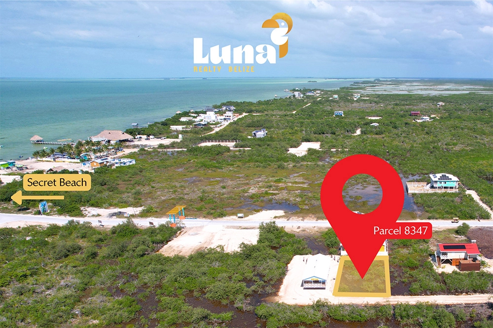 Aerial view of land parcel near beach.