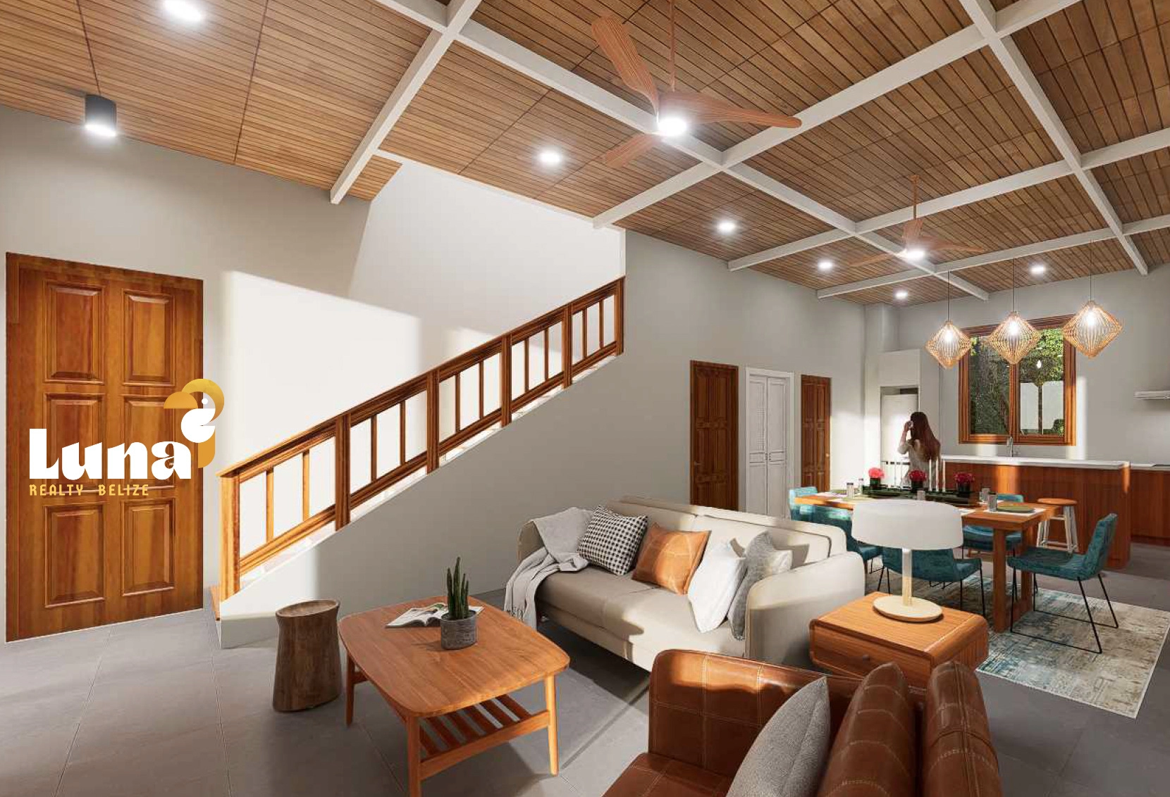 Modern living room with wooden ceiling design.