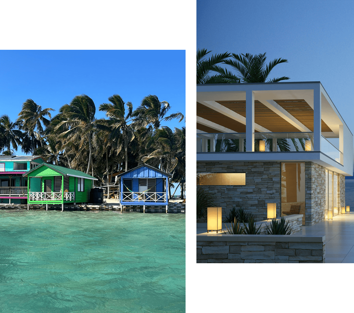 Colorful beach huts and modern seaside house.