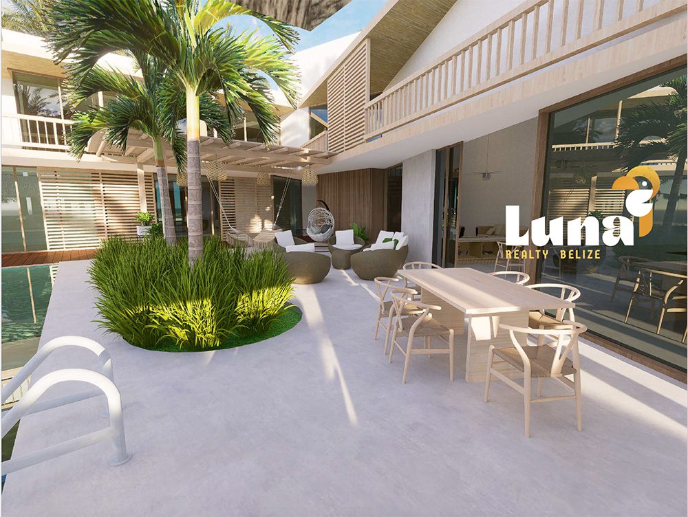 Modern outdoor patio with dining area.