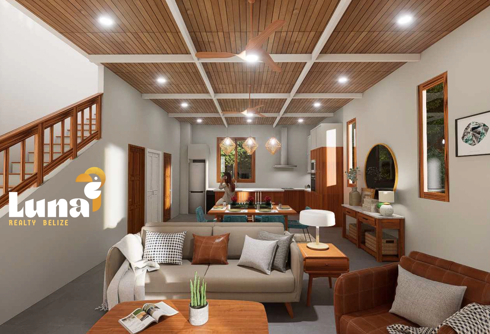 Modern living room with wooden ceiling beams.