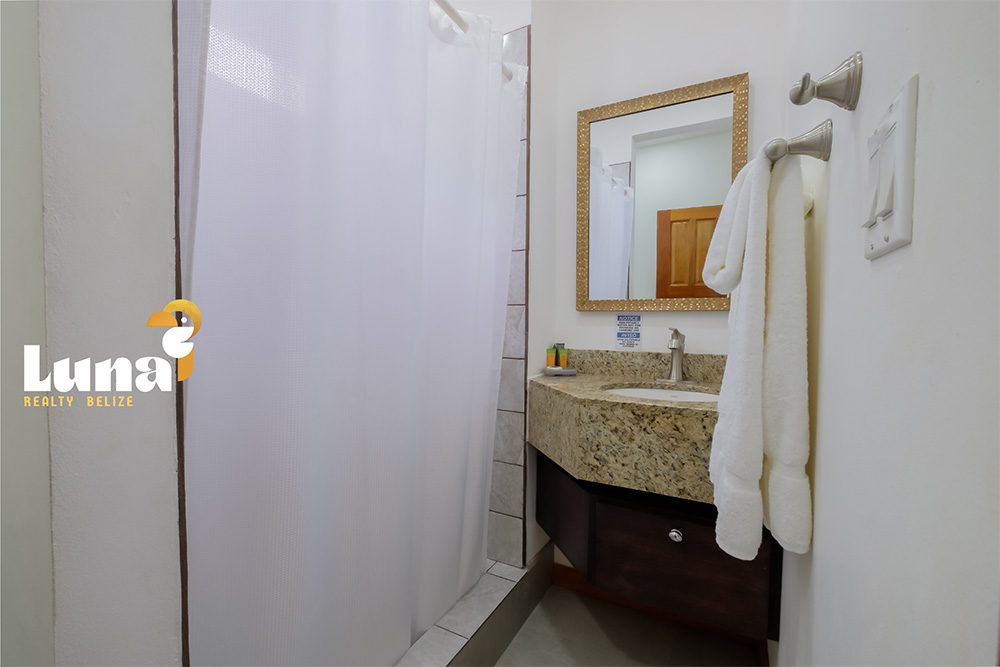 Modern bathroom with granite countertop and shower.